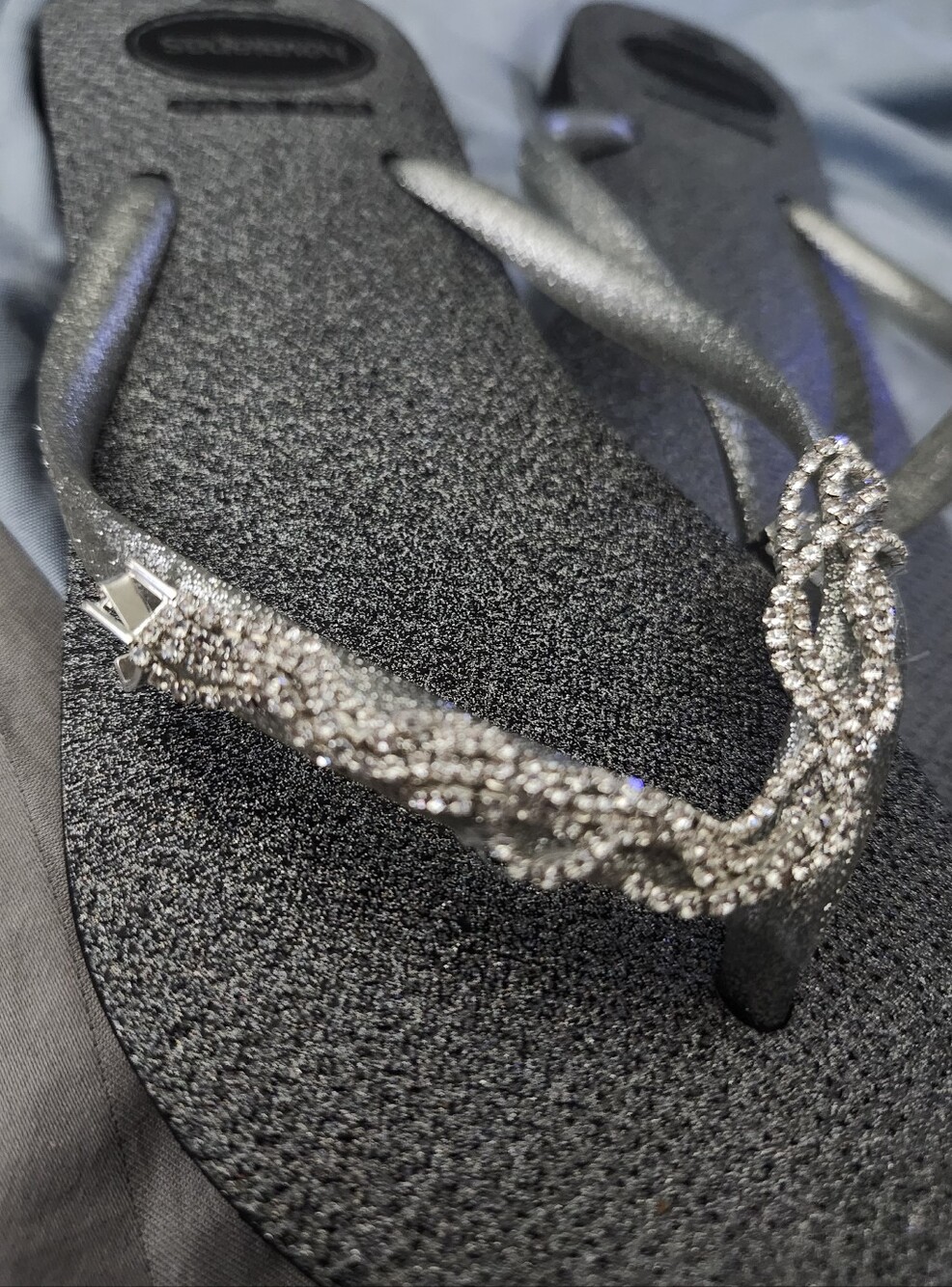 Havaianas Silver Glitter Flip Flops with Crystal-Embellished Straps